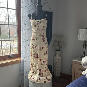 Elegant Floral Maxi Dress in Cream and Red